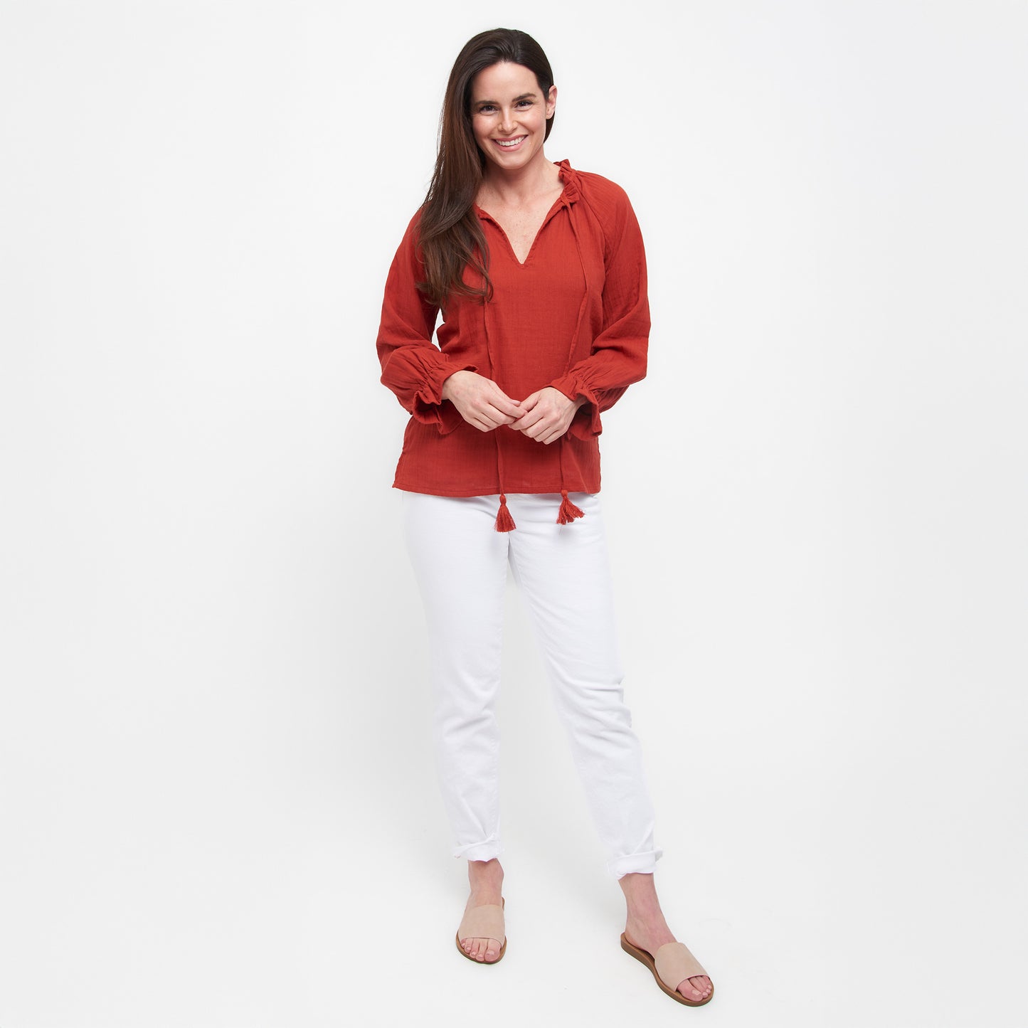 Jasmine Cotton Gauze V-Neck Long Sleeve Blouse