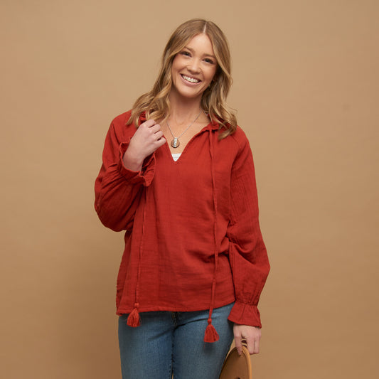 Jasmine Cotton Gauze V-Neck Long Sleeve Blouse