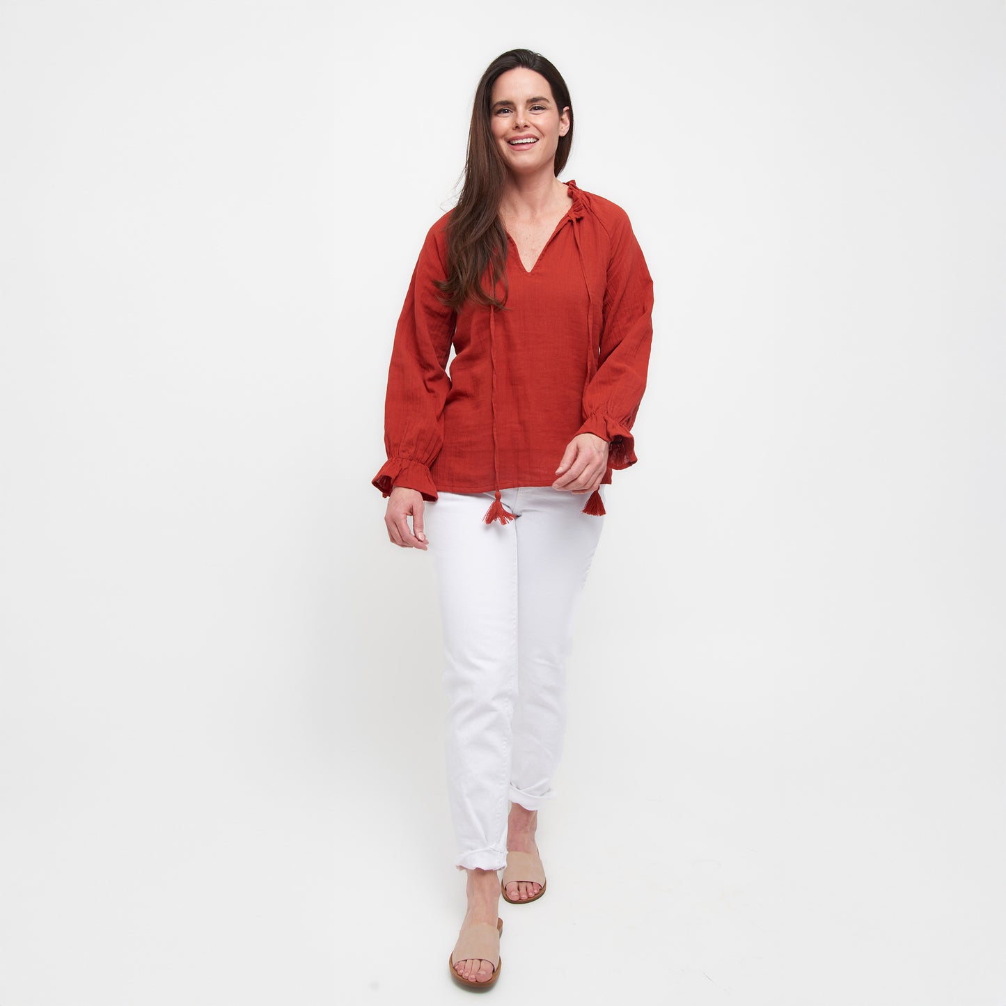 Jasmine Cotton Gauze V-Neck Long Sleeve Blouse