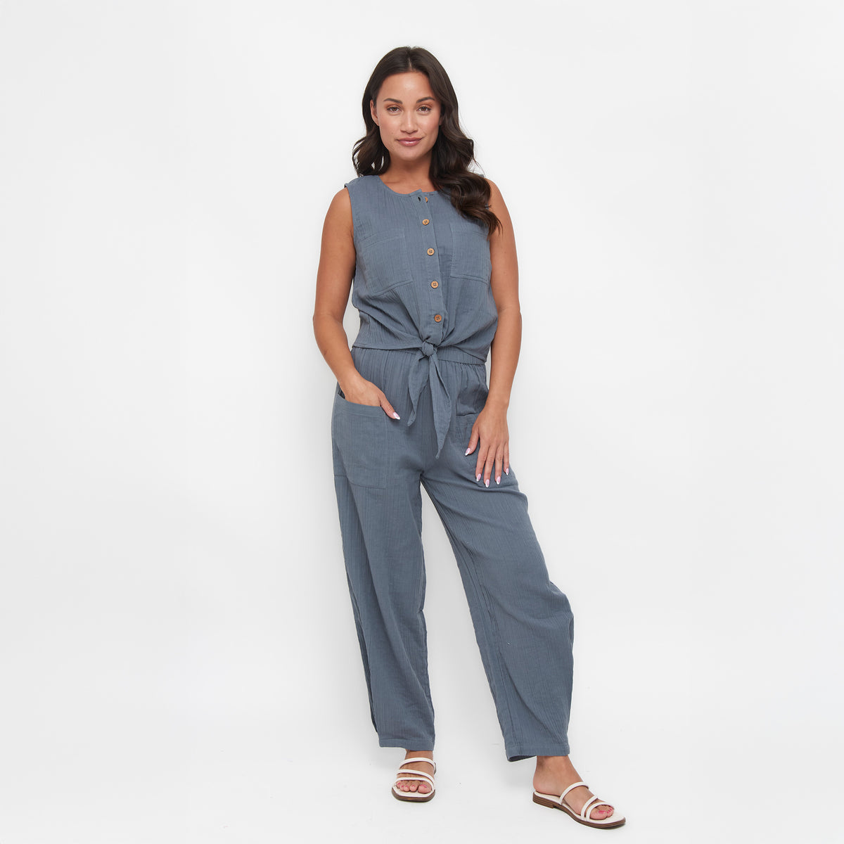 Jasmine Cotton Gauze Button Up Scoop Neck Tank Top