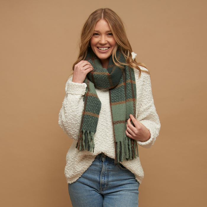 Kylie Windowpane Plaid Fringe Winter Scarf