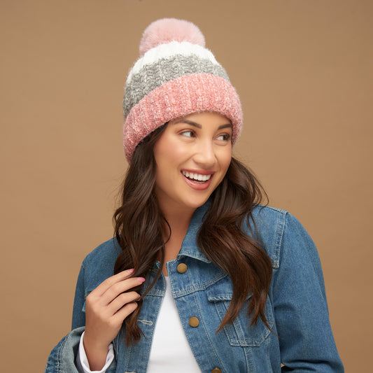 Jemmi Chenille Striped Pom Winter Beanie Hat