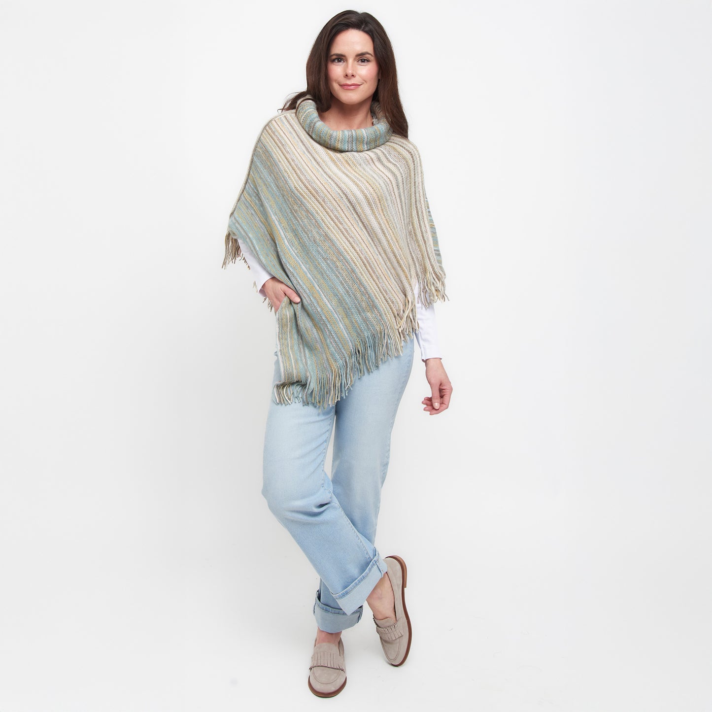 Tiya Striped Funnel Neck One Size Fringe Poncho