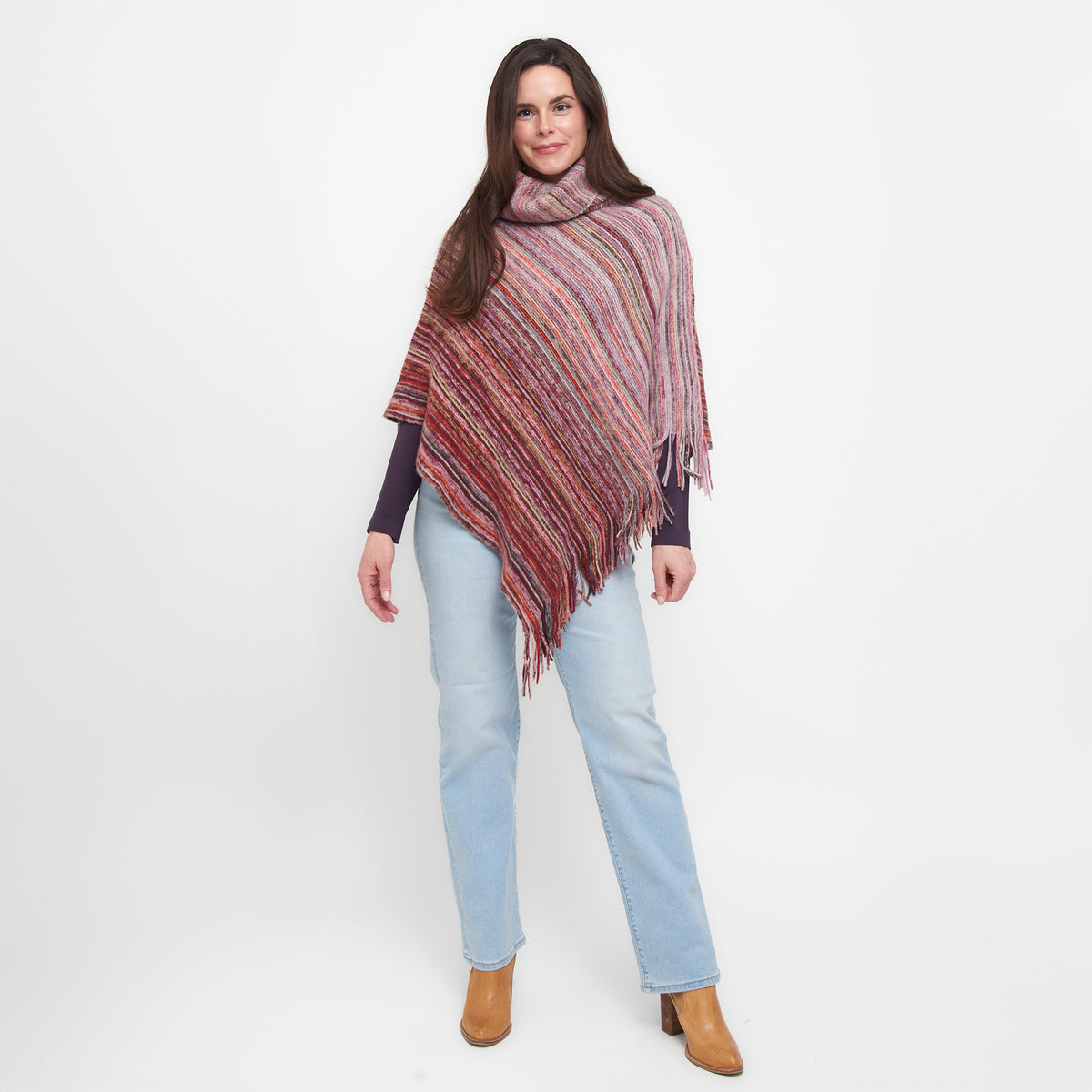 Tiya Striped Funnel Neck One Size Fringe Poncho