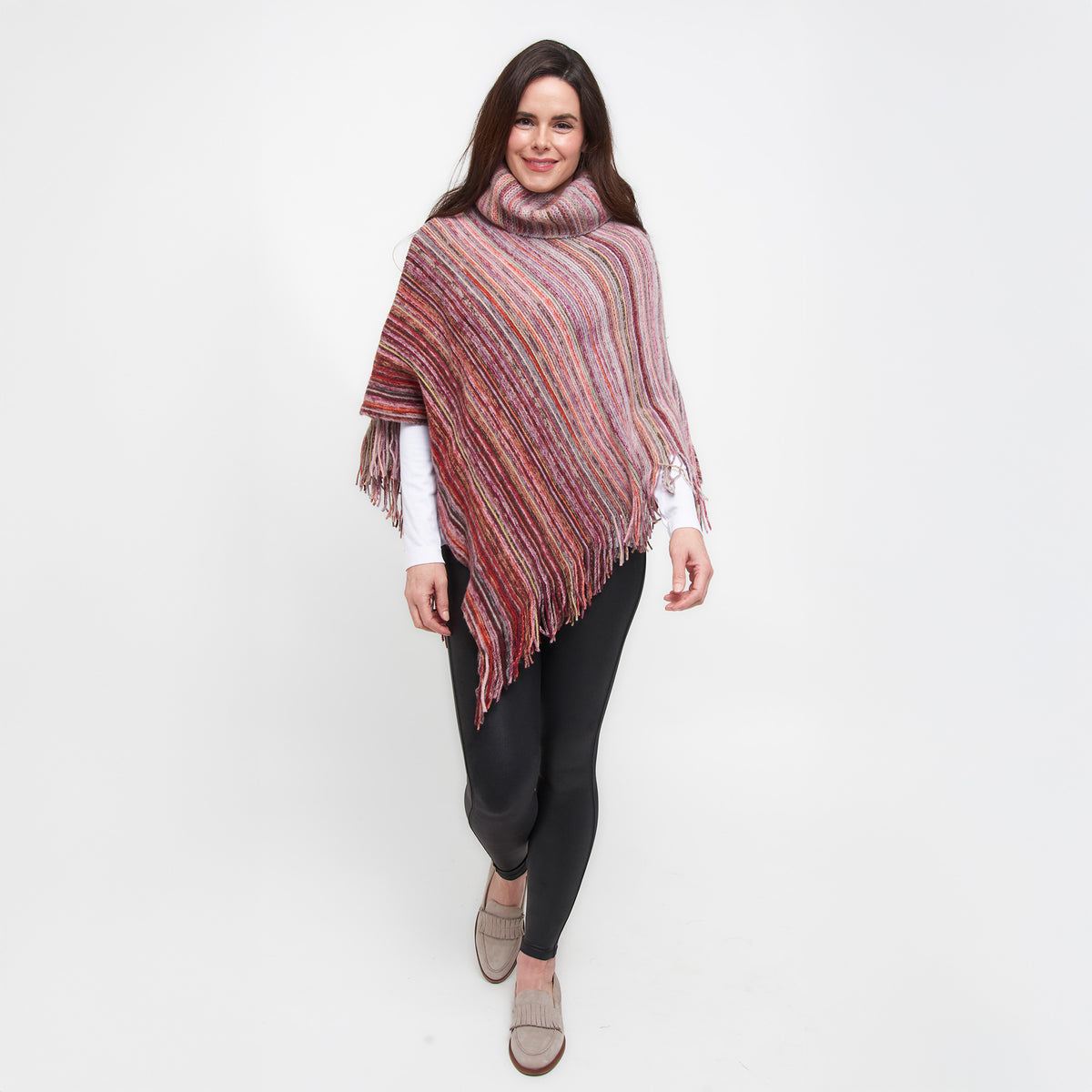 Tiya Striped Funnel Neck One Size Fringe Poncho