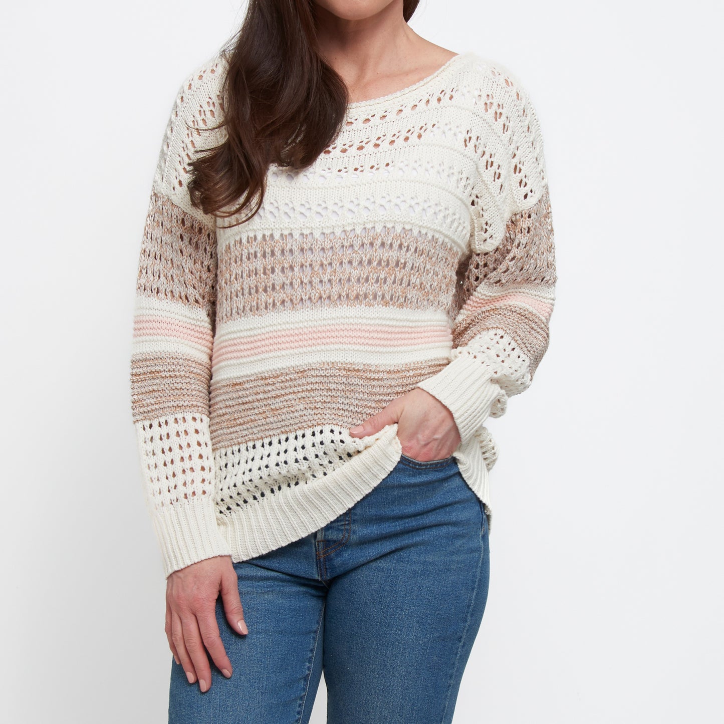 Opal Color Block Drop Shoulder Crochet Sweater