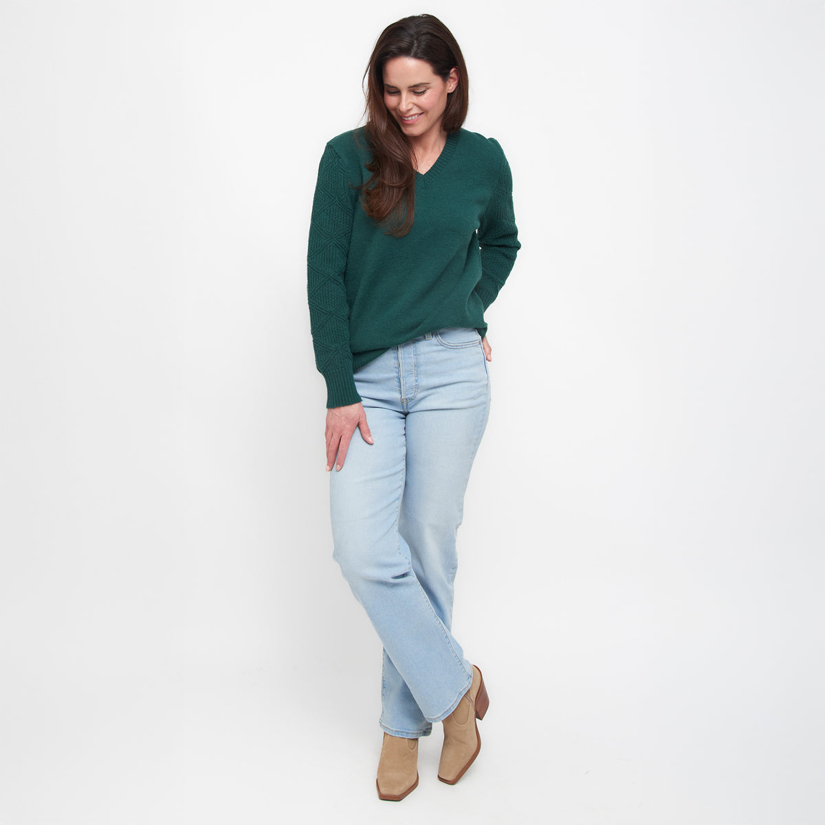 Emery Diamond Crochet Sleeve V-Neck Sweater