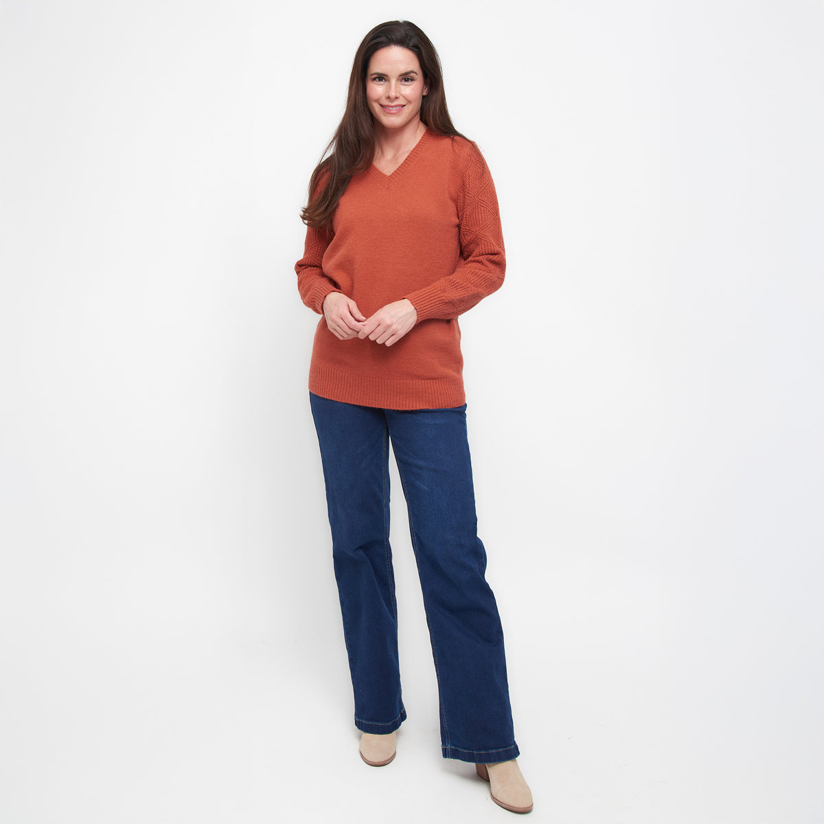 Emery Diamond Crochet Sleeve V-Neck Sweater