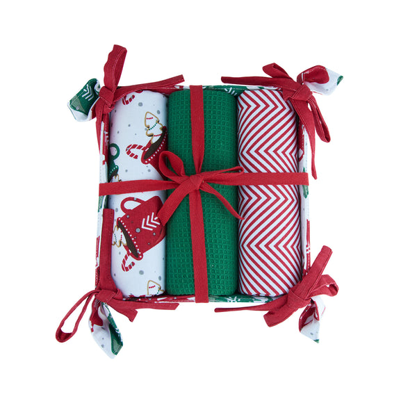 4 Piece Christmas Holiday Mugs Tea Towel & Bread Basket Set