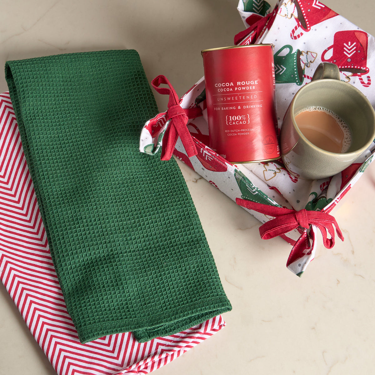 4 Piece Christmas Holiday Mugs Tea Towel & Bread Basket Set