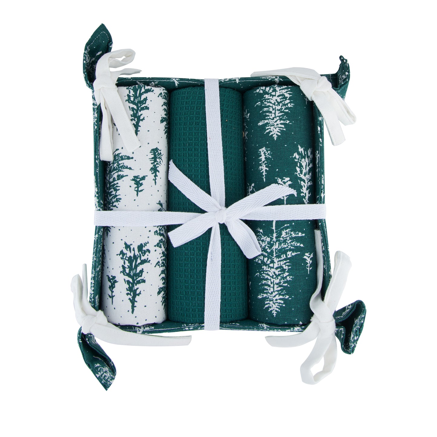 4 Pc Christmas Evergreen Trees Tea Towel & Bread Basket Set