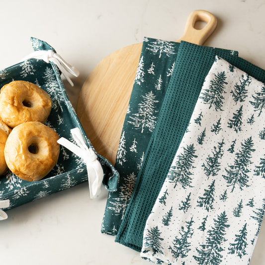 4 Pc Christmas Evergreen Trees Tea Towel & Bread Basket Set