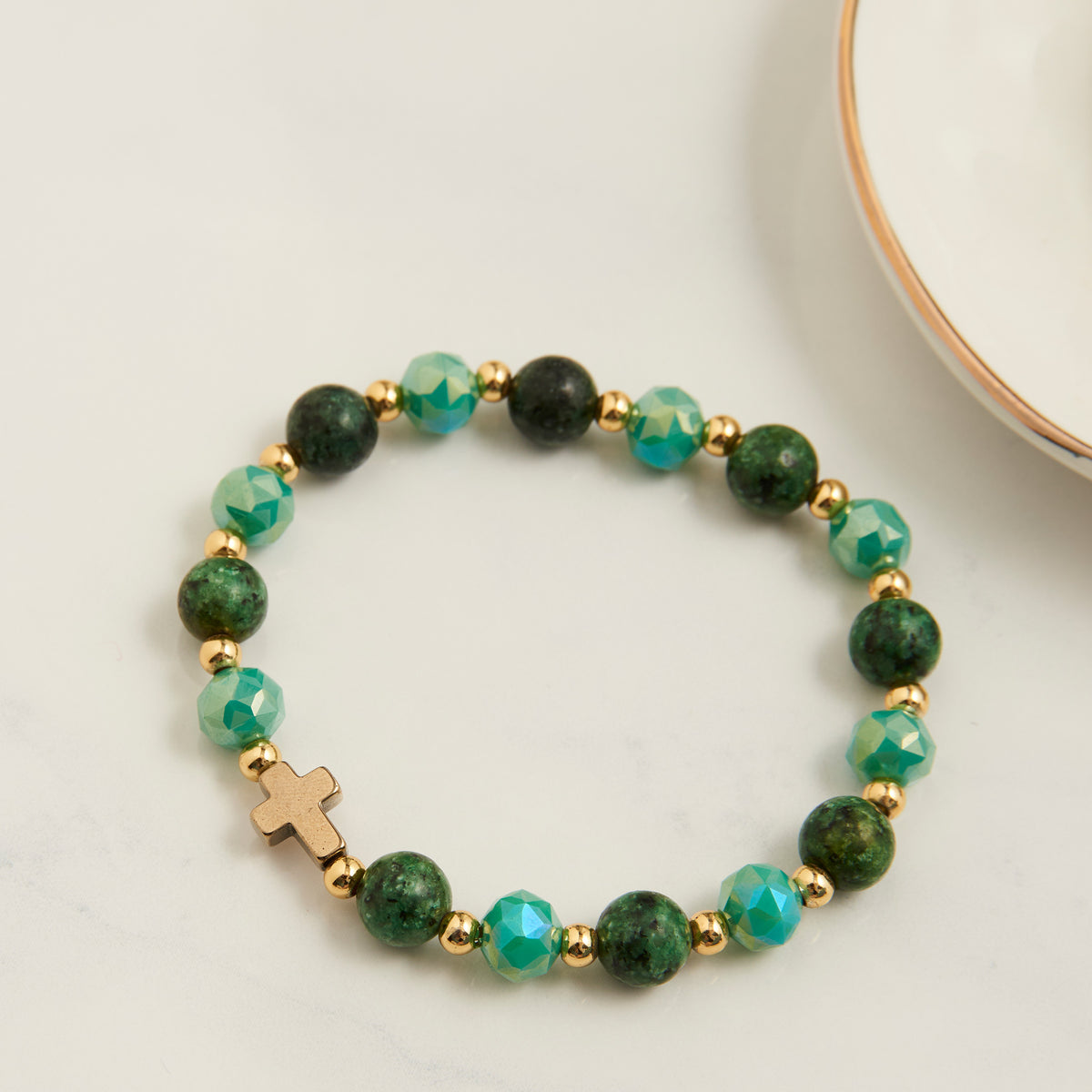 Stretch Bracelet Inspriation Circe Green Beaded Cross 6.25"