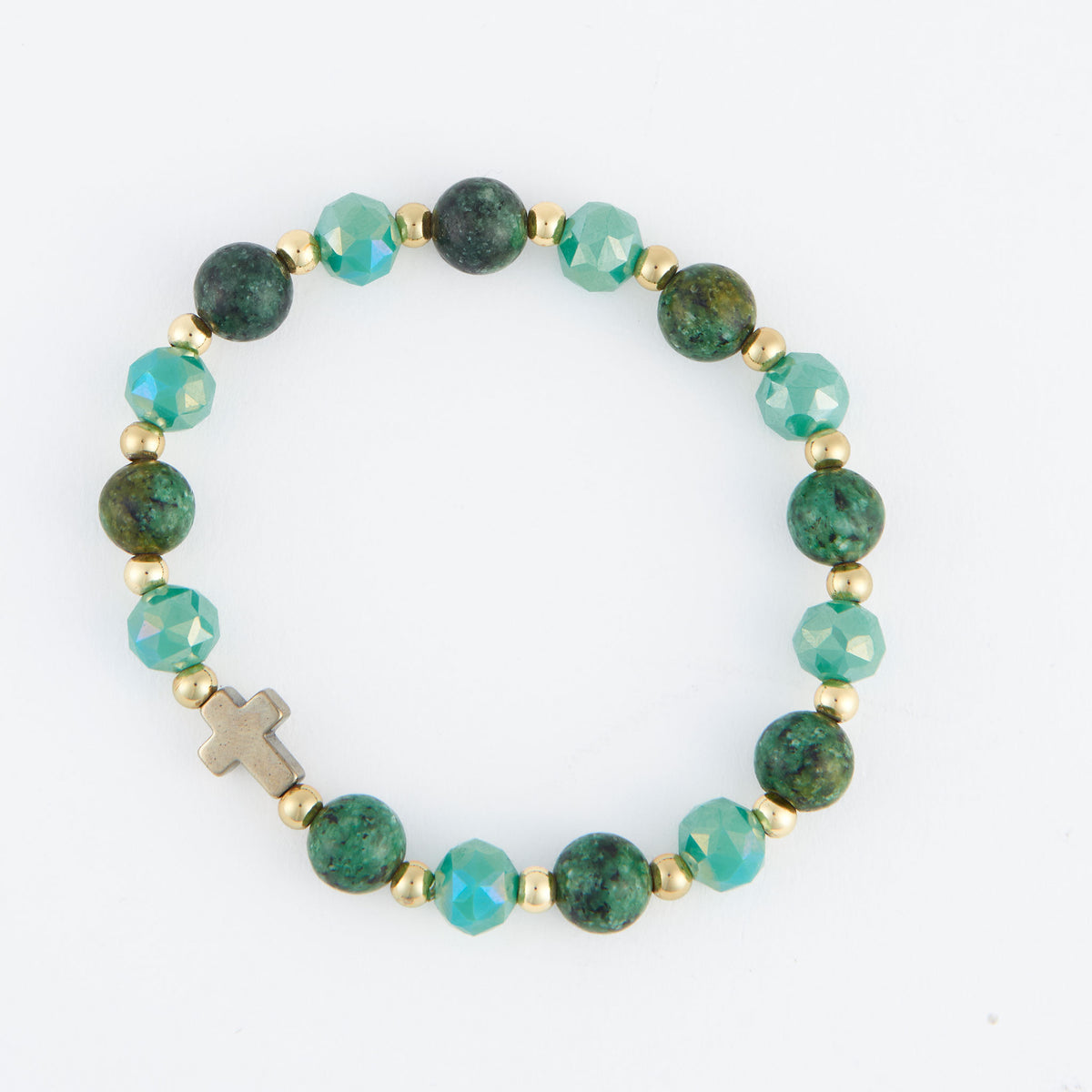 Stretch Bracelet Inspriation Circe Green Beaded Cross 6.25"