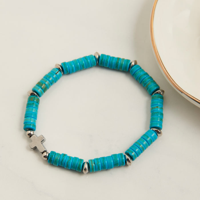 Stretch Bracelet Adele Turquoise Beaded Cross Hematite 6.5"