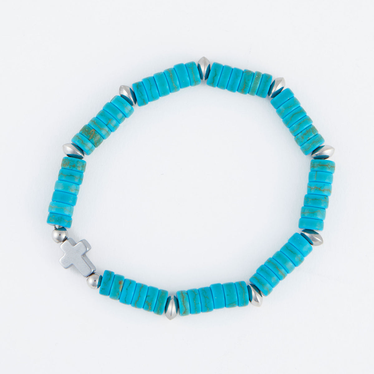 Stretch Bracelet Adele Turquoise Beaded Cross Hematite 6.5"