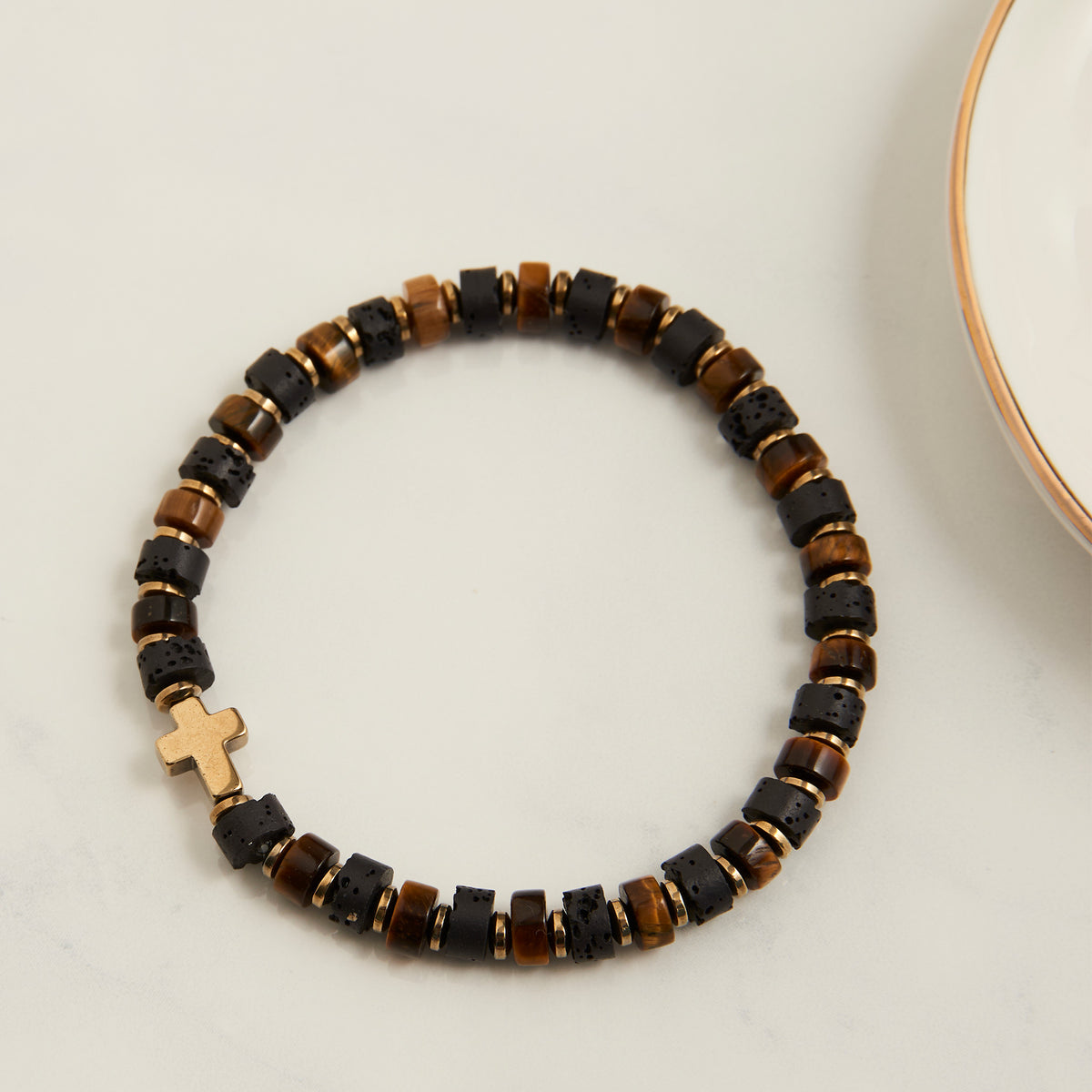 Stretch Bracelet Sterling Obsidian & Tiger’s Eye Cross 6.75"