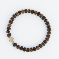 Stretch Bracelet Sterling Obsidian & Tiger’s Eye Cross 6.75"