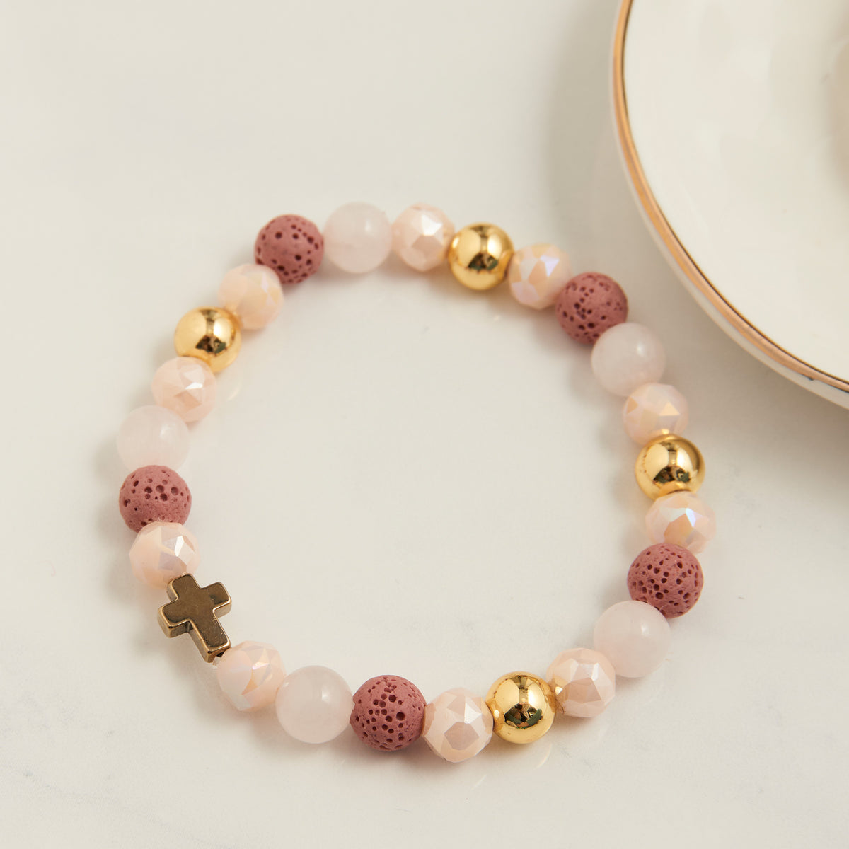 Stretch Bracelet Everly Blush & White Beaded Cross 6.5"