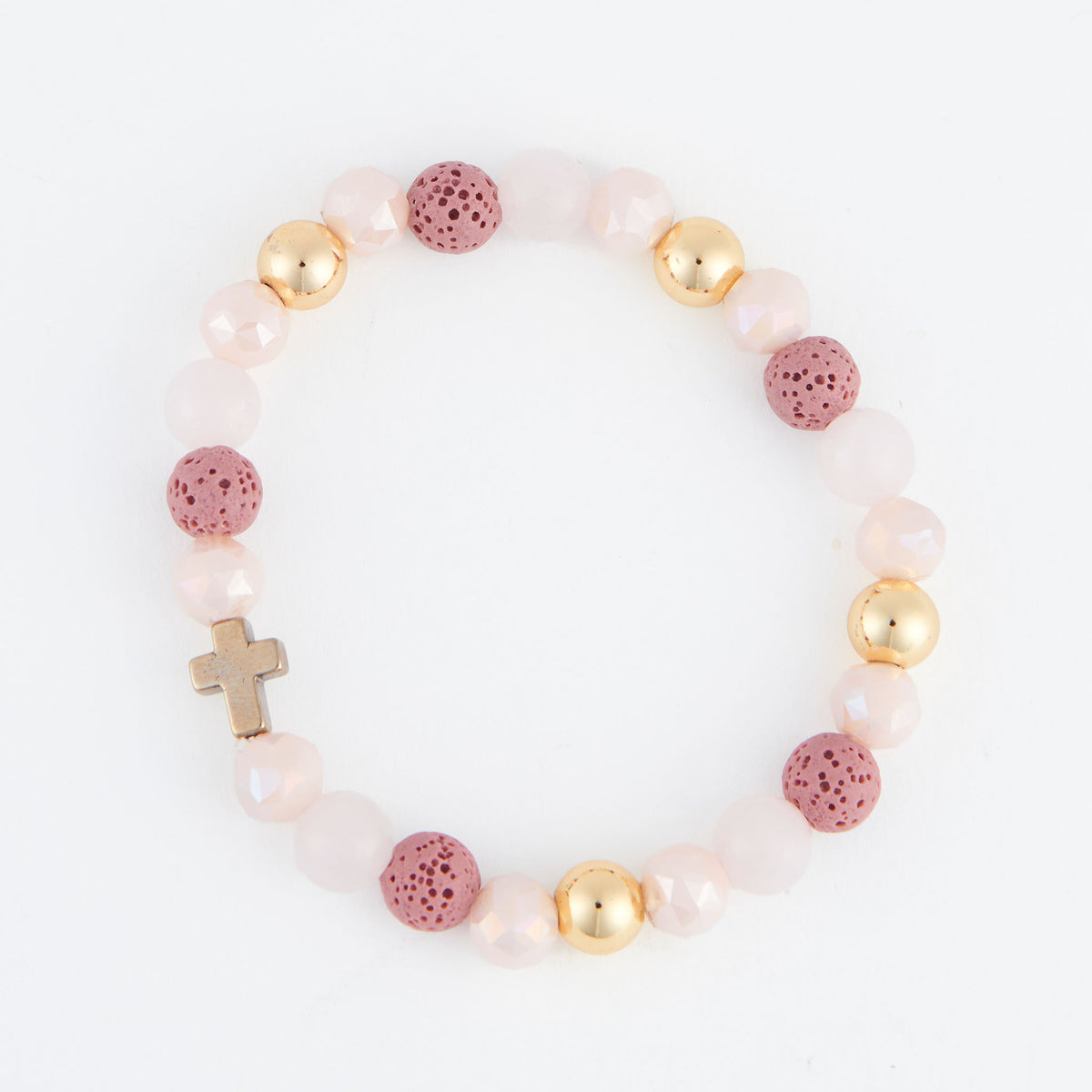 Stretch Bracelet Everly Blush & White Beaded Cross 6.5"