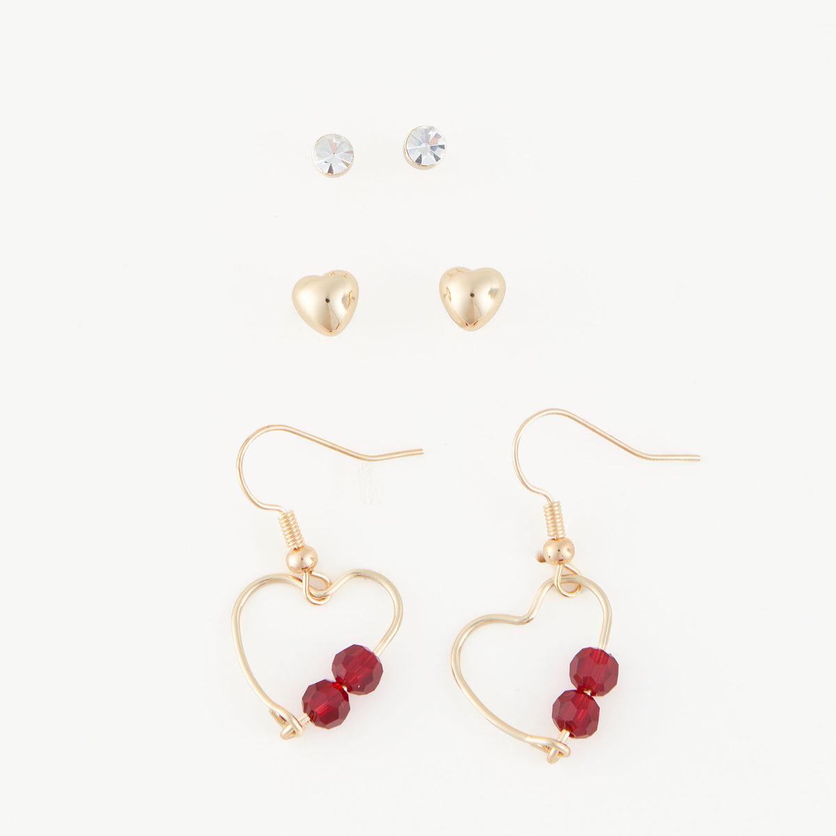 Earring Trio Set Mina Heart Frame Stud + Dangle Red Gem