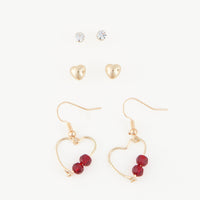 Earring Trio Set Mina Heart Frame Stud + Dangle Red Gem