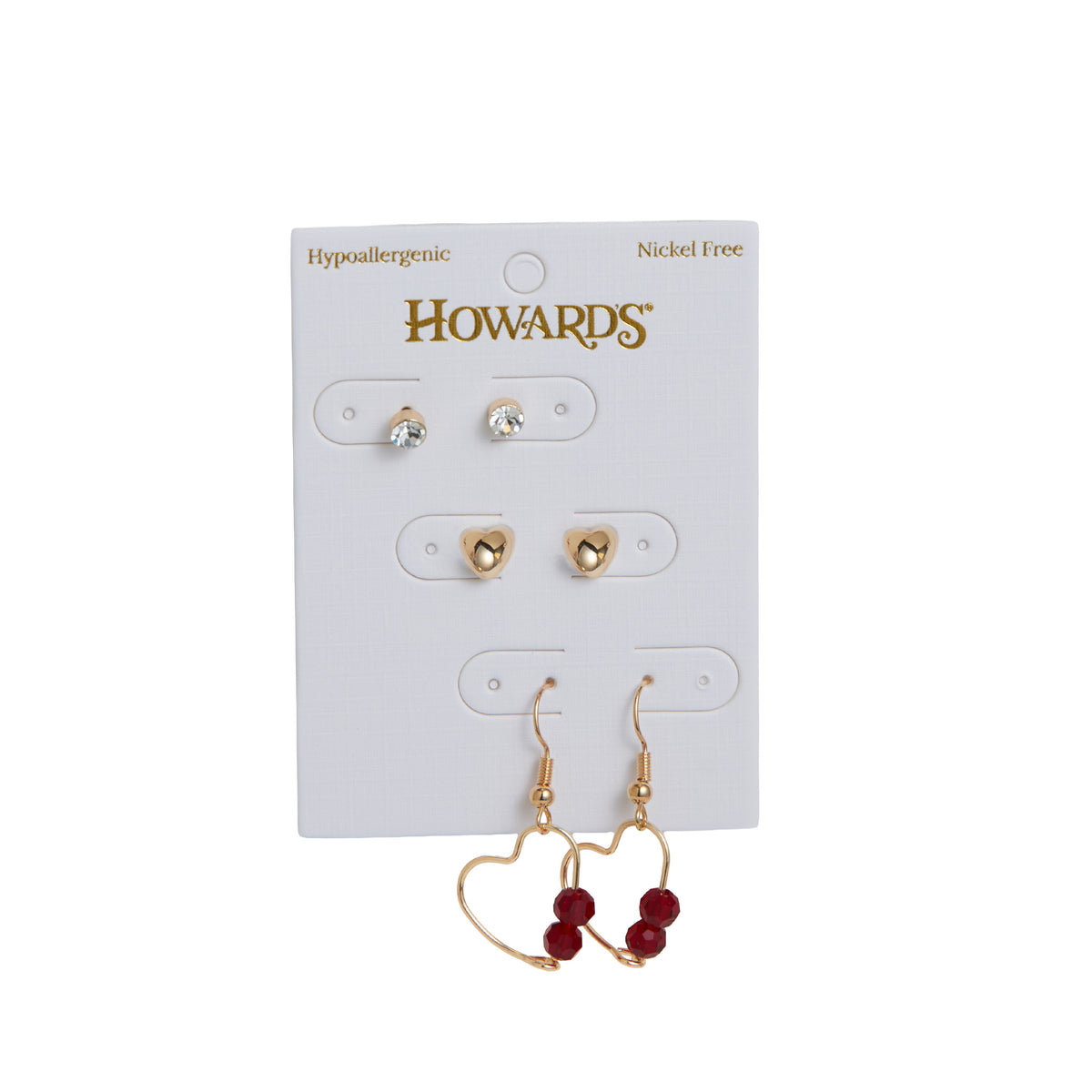 Earring Trio Set Mina Heart Frame Stud + Dangle Red Gem