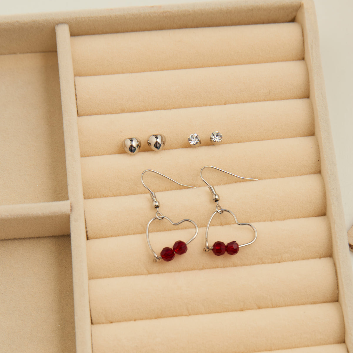 Earring Trio Set Mina Heart Frame Stud + Dangle Red Gem