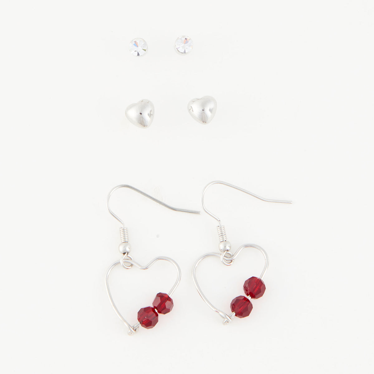 Earring Trio Set Mina Heart Frame Stud + Dangle Red Gem
