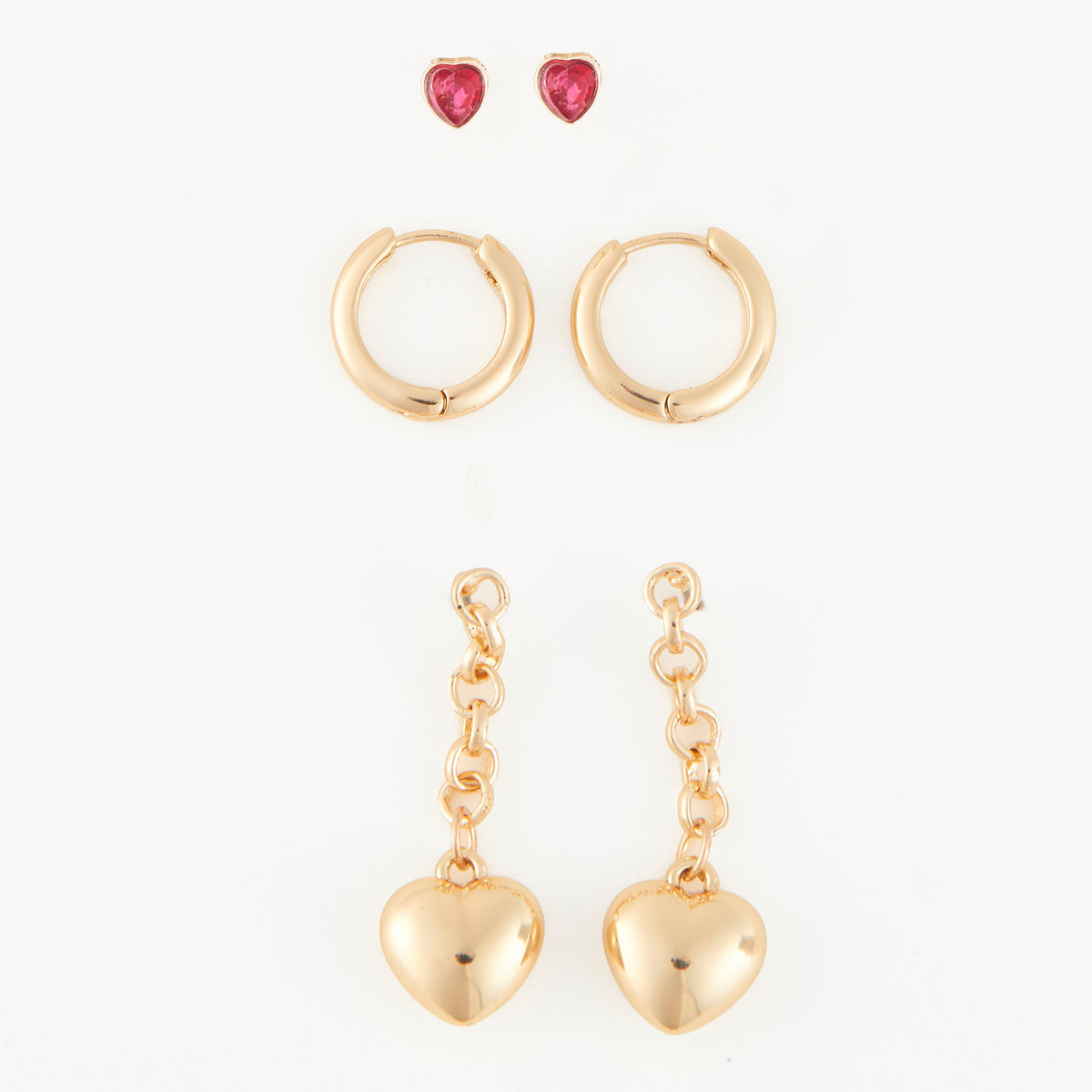 Earring Trio Set Mina Puffy Heart Stud + Hoop + Dangle