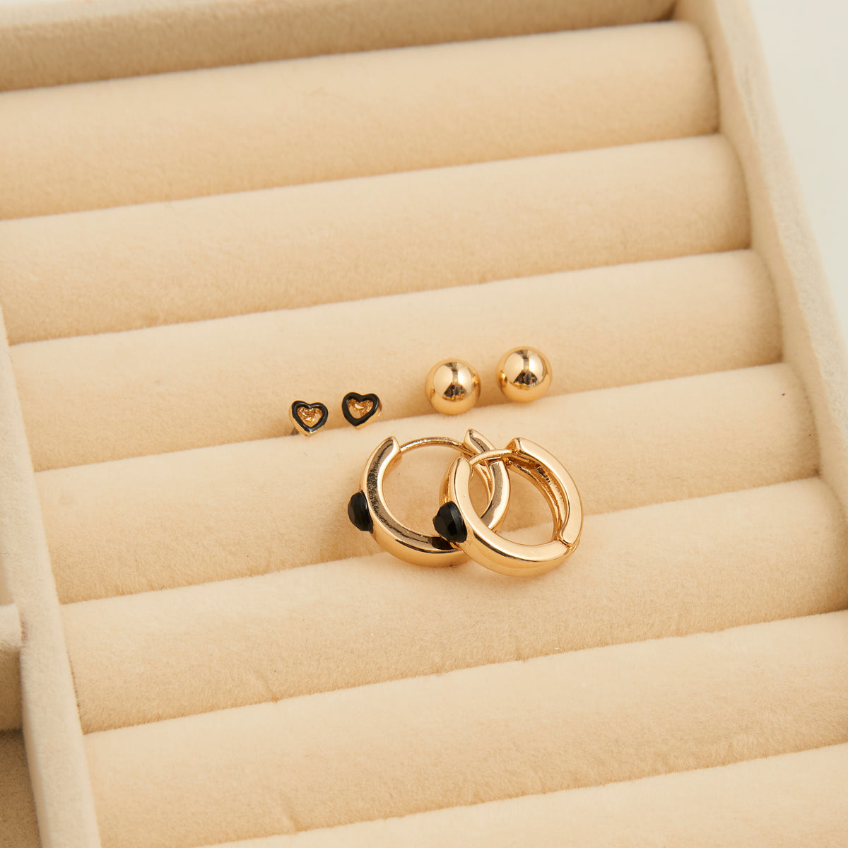 Earring Trio Set Mina Black Heart Huggie Hoop with Studs