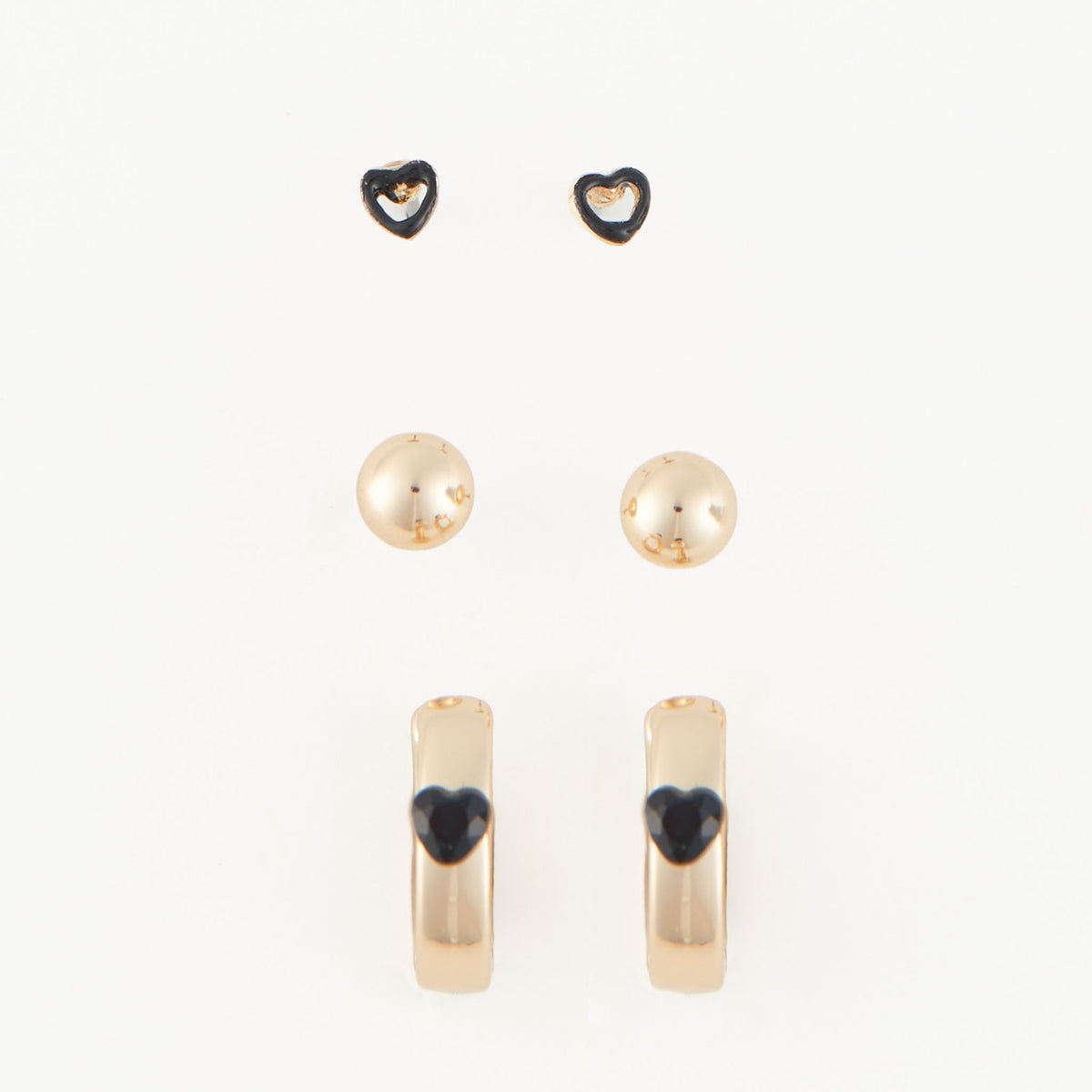 Earring Trio Set Mina Black Heart Huggie Hoop with Studs