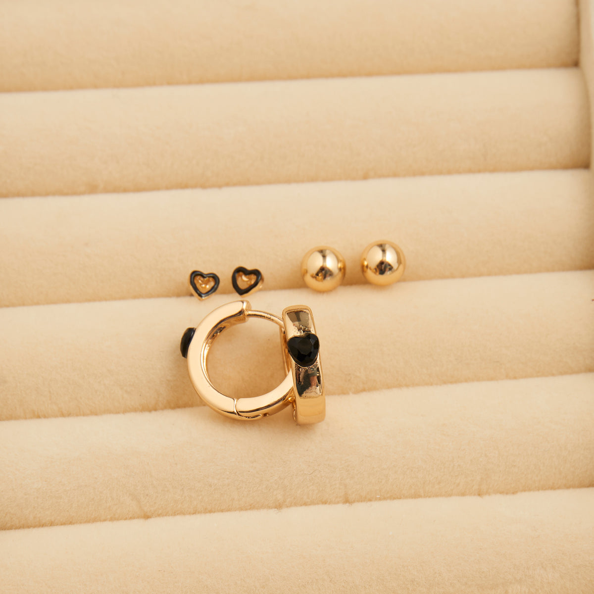 Earring Trio Set Mina Black Heart Huggie Hoop with Studs