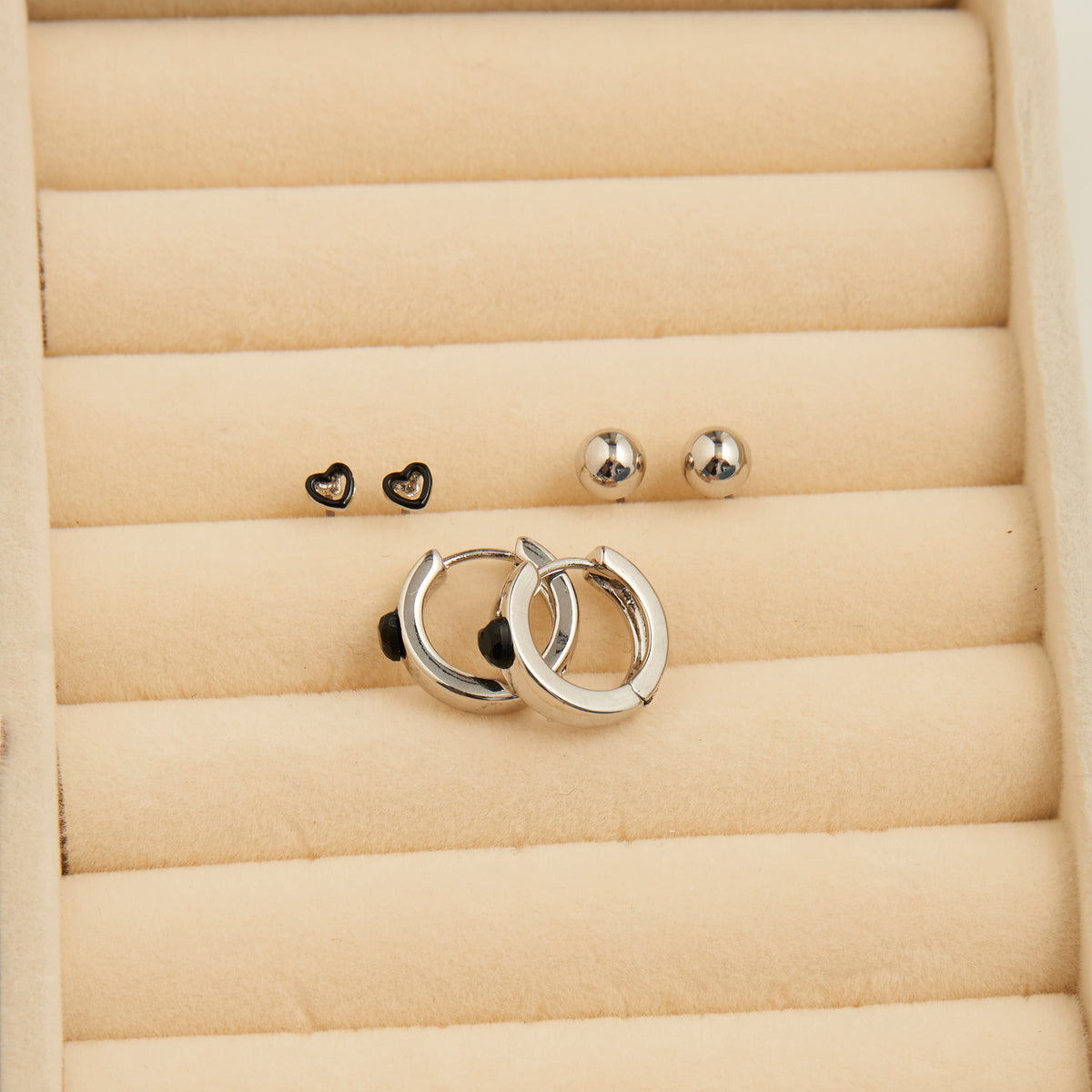 Earring Trio Set Mina Black Heart Huggie Hoop with Studs