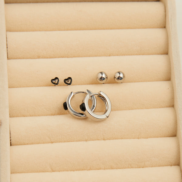 Earring Trio Set Mina Black Heart Huggie Hoop with Studs