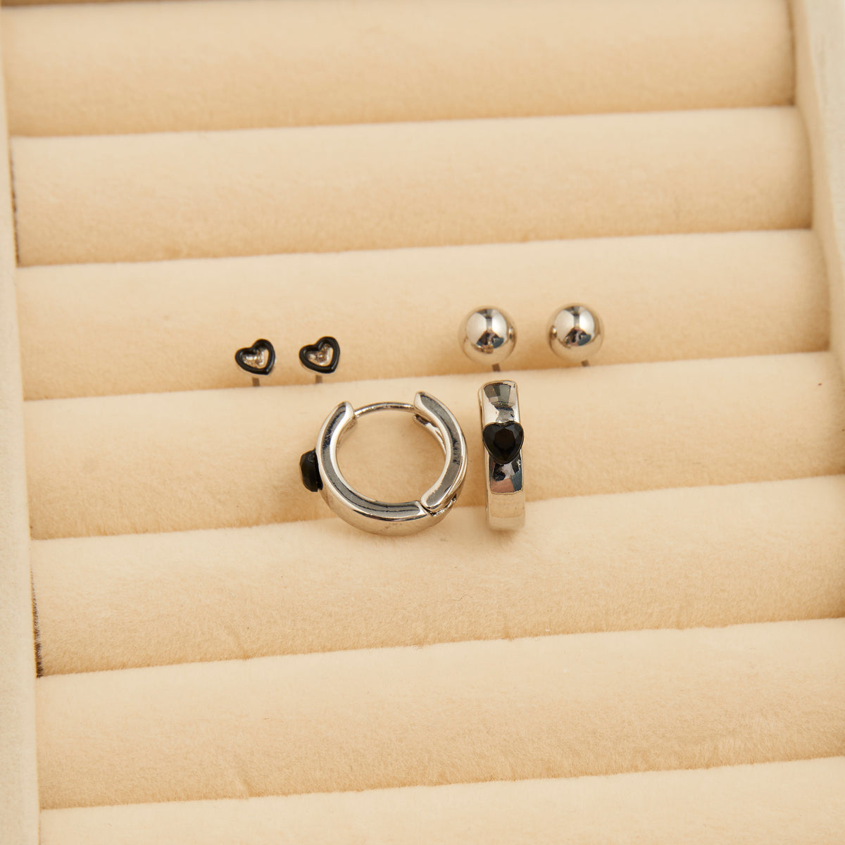 Earring Trio Set Mina Black Heart Huggie Hoop with Studs