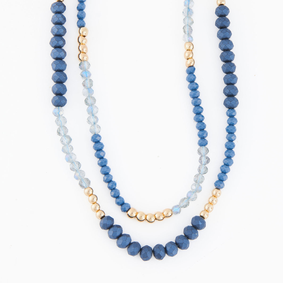 Beaded Necklace Arden 17" Double Row Gold & Blue Strands