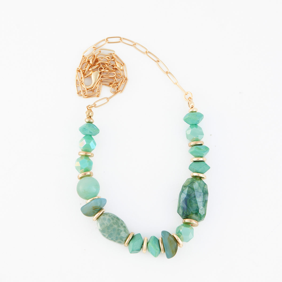 Beaded Necklace Nola 18" Gold Paperclip Chain + Green Beads