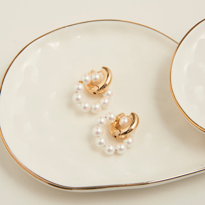 Hoop Earrings Vivienne Double Gold + Faux Pearl Ring