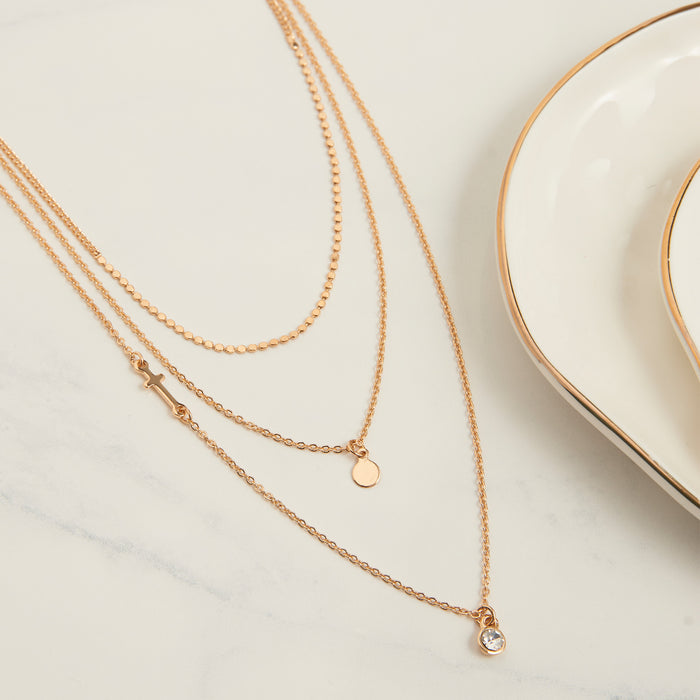 Layered Necklace Char 15" Gold Side Cross Gem Pendant