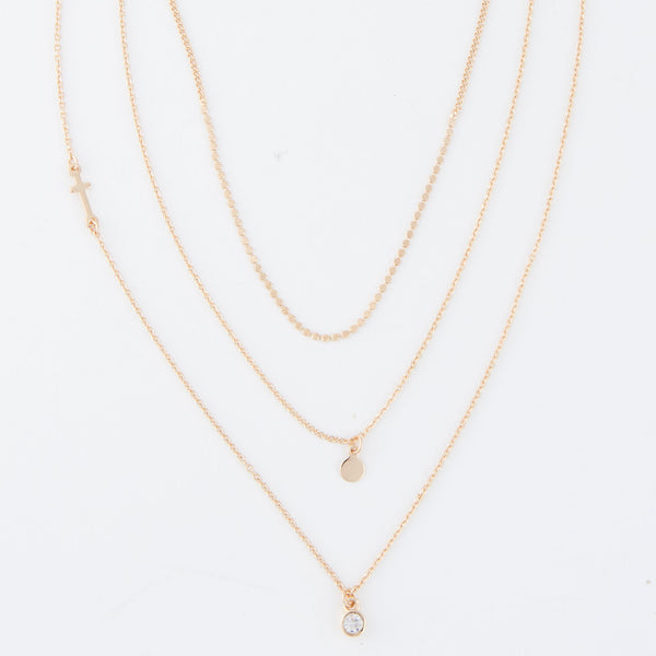 Layered Necklace Char 15" Gold Side Cross Gem Pendant