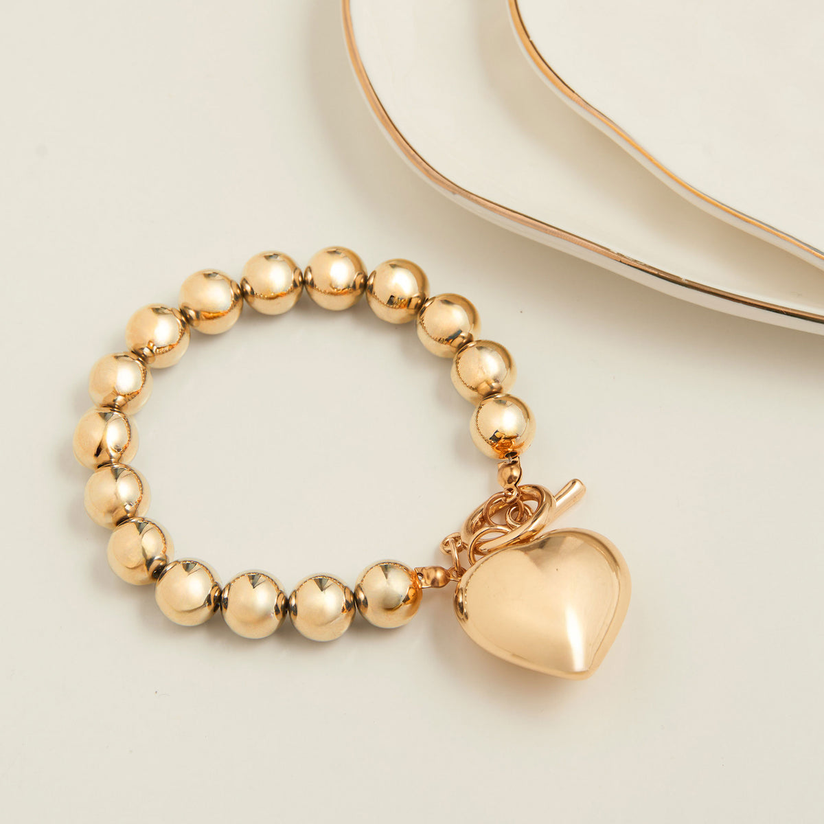 Toggle Bracelet Jacey Silver Chunky Beaded Gold Heart Charm