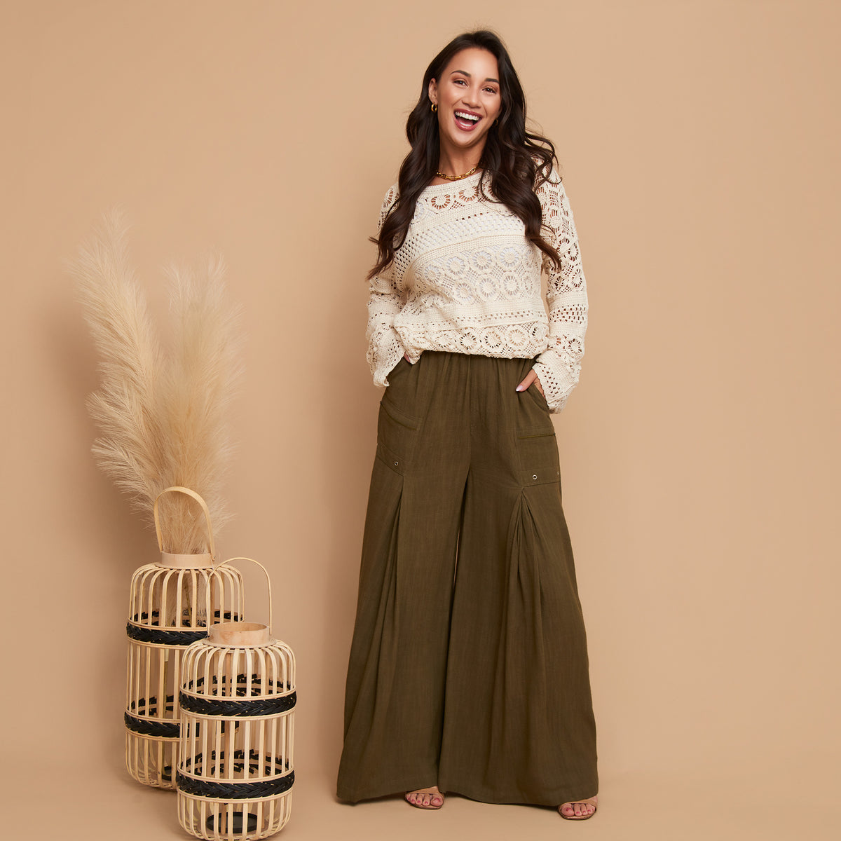 Pants Wide Leg Afton Linen Blend Side Zipper Pockets