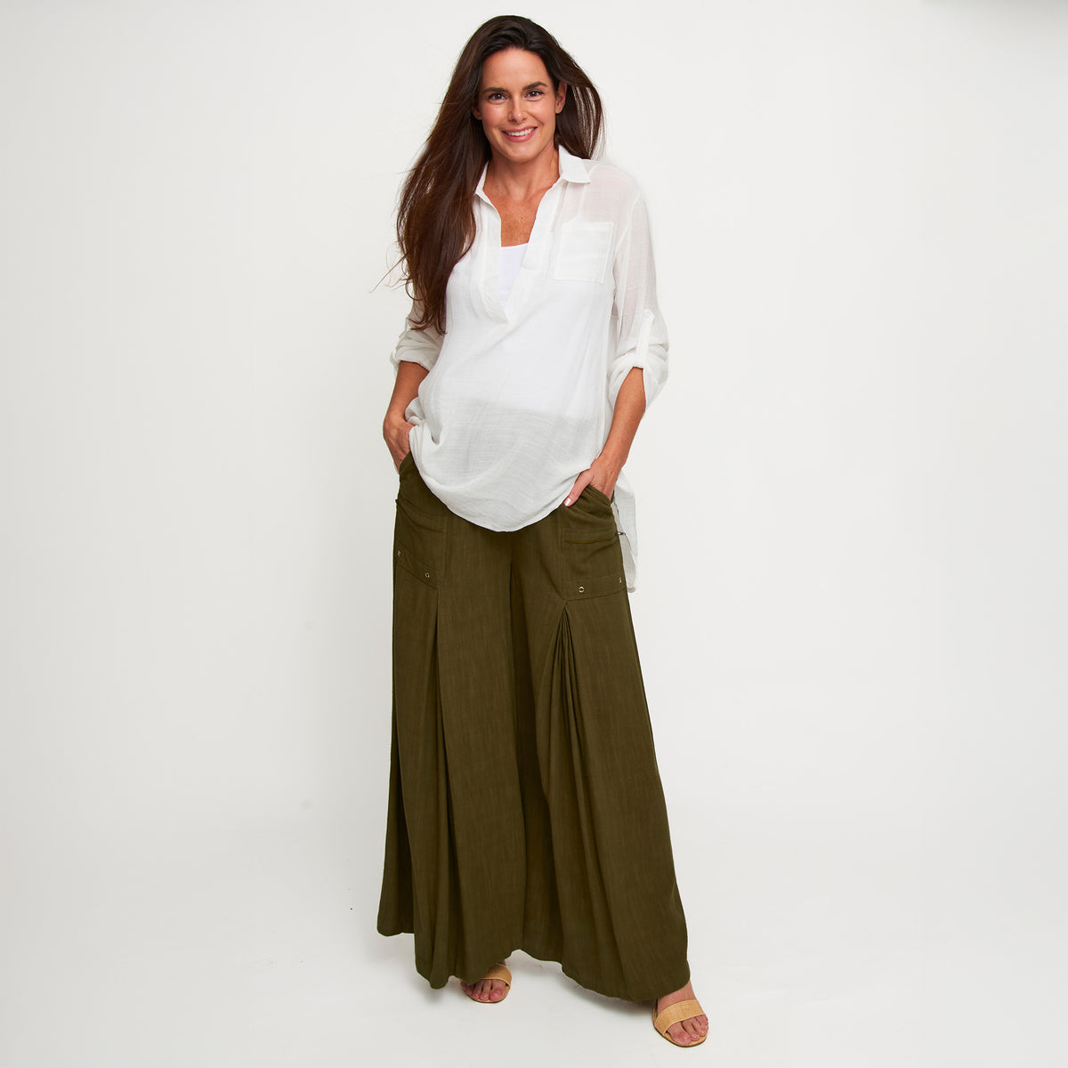 Pants Wide Leg Afton Linen Blend Side Zipper Pockets