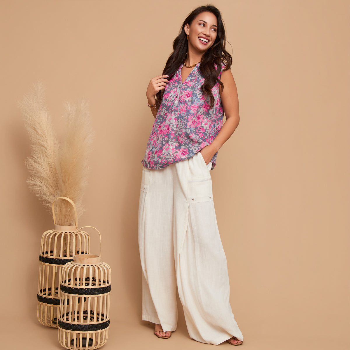 Pants Wide Leg Afton Linen Blend Side Zipper Pockets