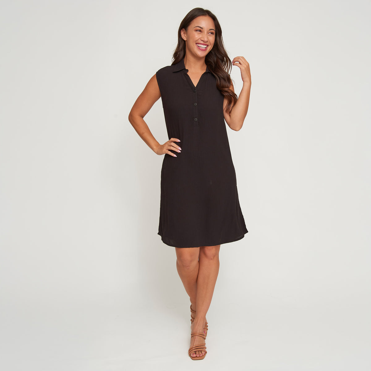 Sleeveless Dress Camille Collared Button V-Neck with Pockets