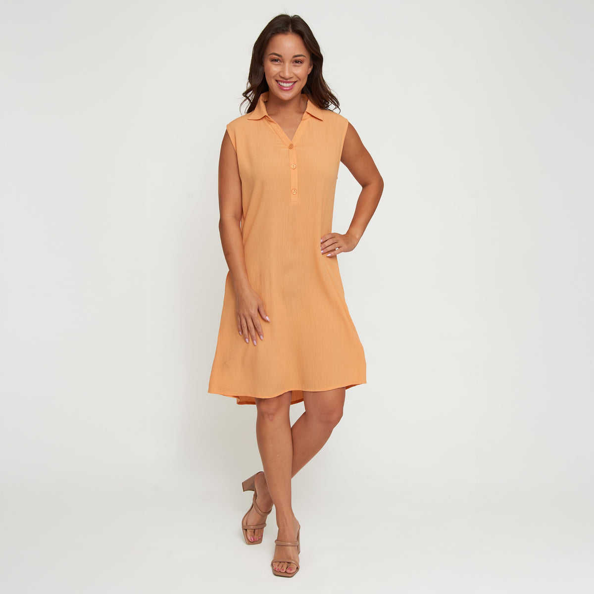 Sleeveless Dress Camille Collared Button V-Neck with Pockets