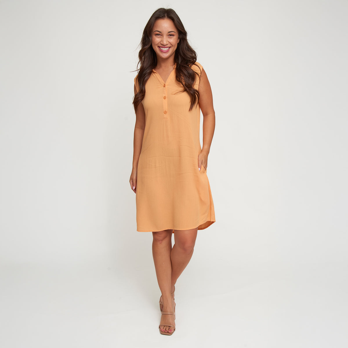 Sleeveless Dress Camille Collared Button V-Neck with Pockets