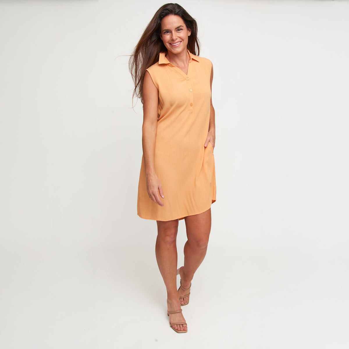 Sleeveless Dress Camille Collared Button V-Neck with Pockets