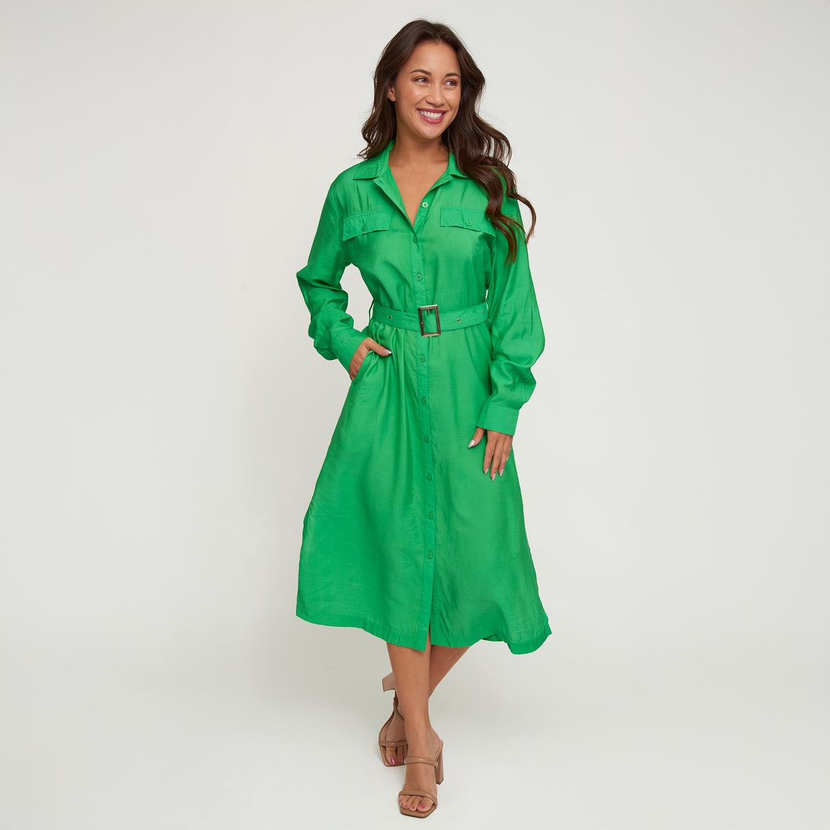 Maxi Dress Savana Long Sleeve Button Front with Pockets